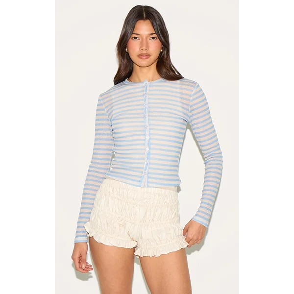 Sky Blue Striped Sheer Button Up Top