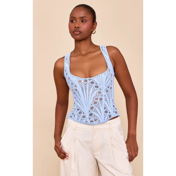 Sky Blue Textured Sheer Floral Square Neck Corset