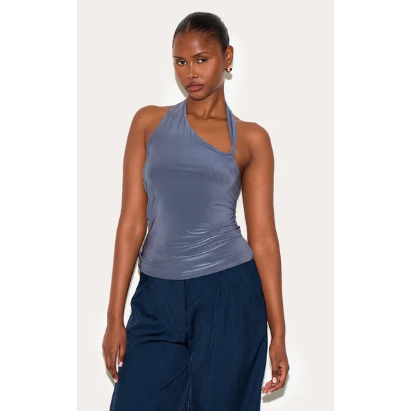 Slate Grey Slinky Halterneck Knot Detail Top