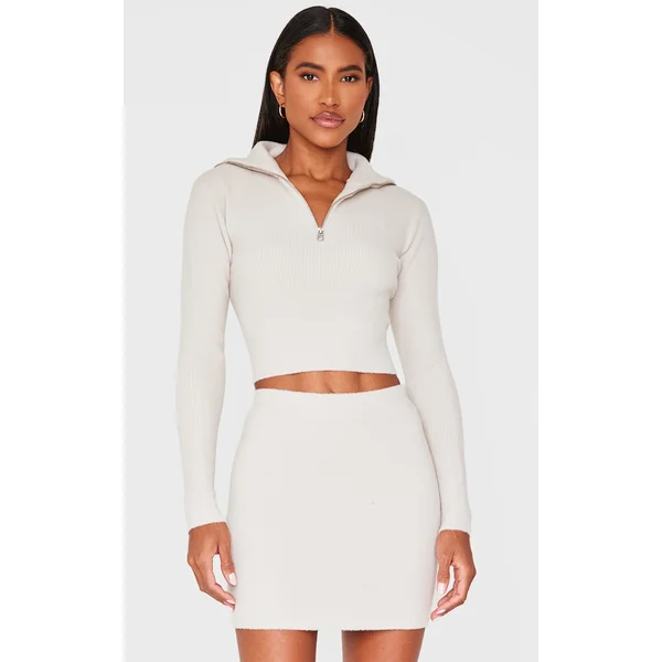 Slate Grey Soft Knit Zip Up Roll Neck Cropped Sweater