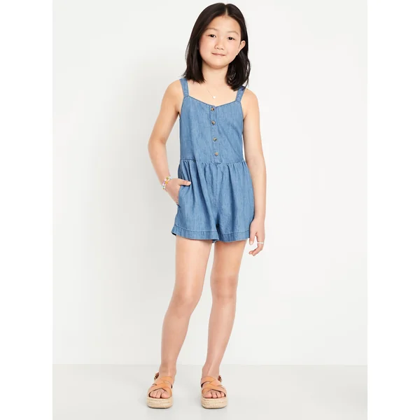 Sleeveless Button-Front Jean Romper for Girls - Medium Wash