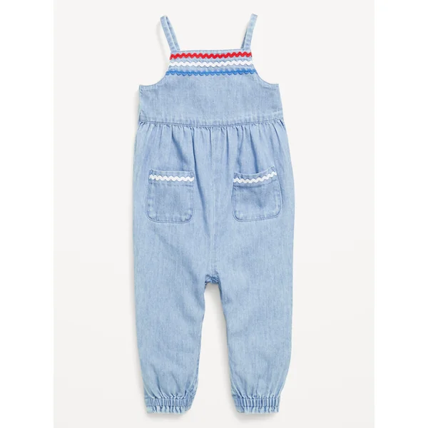Sleeveless Chambray Pocket Jumpsuit for Baby - CHAMBRAY BLUE/RIB RED
