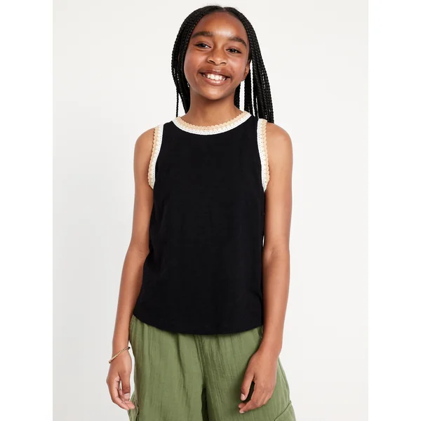 Sleeveless Crochet-Trim Top for Girls - Black Jack