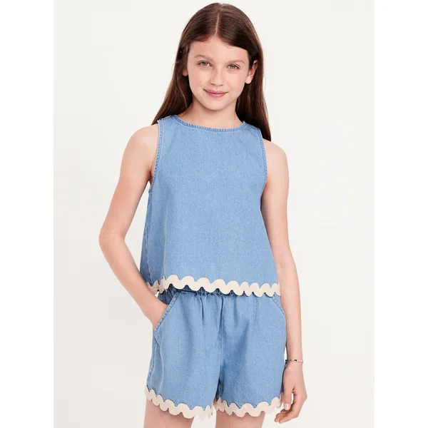 Sleeveless Cross-Back Chambray Top for Girls - Medium Wash