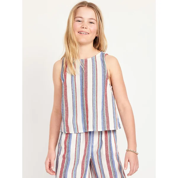 Sleeveless Cross-Back Linen-Blend Top for Girls - White Multi Stripe