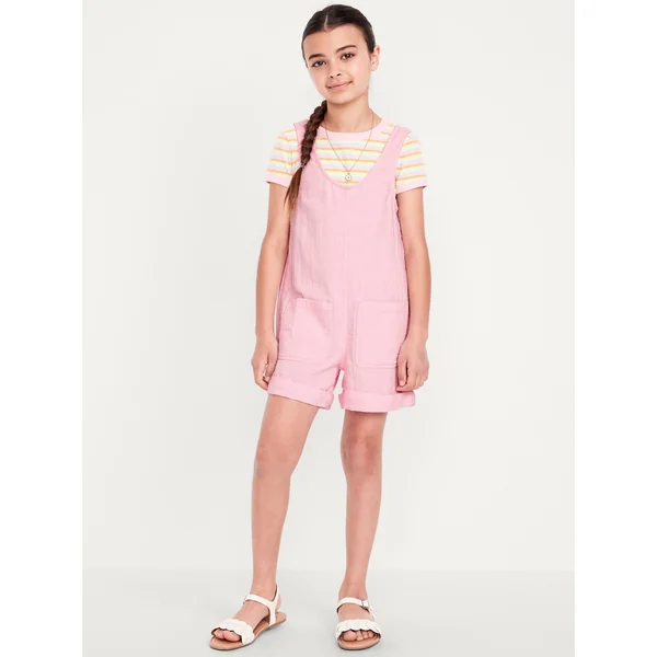 Sleeveless Double-Weave Pocket Romper for Girls - Oleander