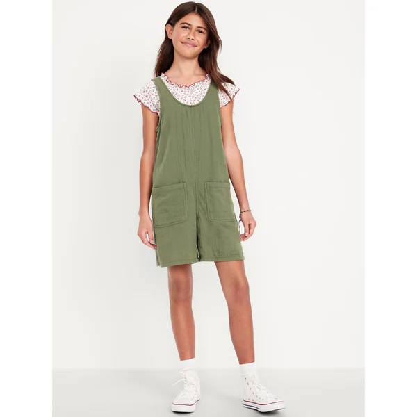 Sleeveless Double-Weave Pocket Romper for Girls - Olive Through This