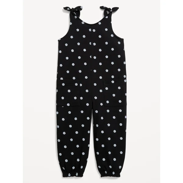 Sleeveless Jacquard-Knit Jumpsuit for Toddler Girls - Black Floral