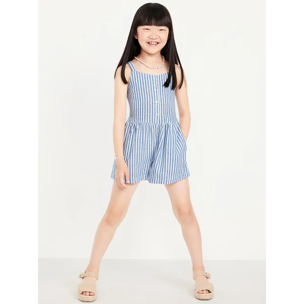 Sleeveless Linen-Blend Button-Front Romper for Girls - Blue/White Stripe