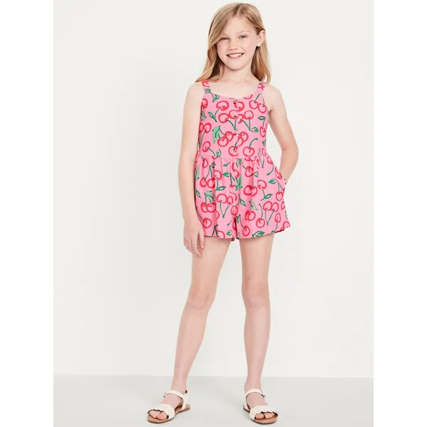 Sleeveless Linen-Blend Button-Front Romper for Girls - Cherries