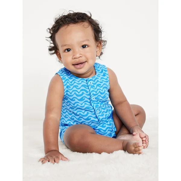Sleeveless Linen-Blend Henley One-Piece Romper for Baby - OPTIC BLUE