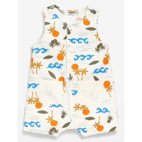 Sleeveless Linen-Blend Henley One-Piece Romper for Baby - Palm Tree
