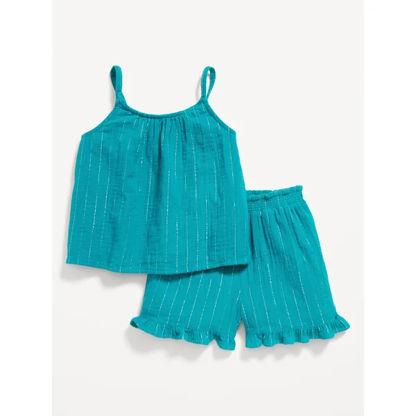 Sleeveless Metallic Double-Weave Top and Shorts Set for Toddler Girls - Tropical Undertow