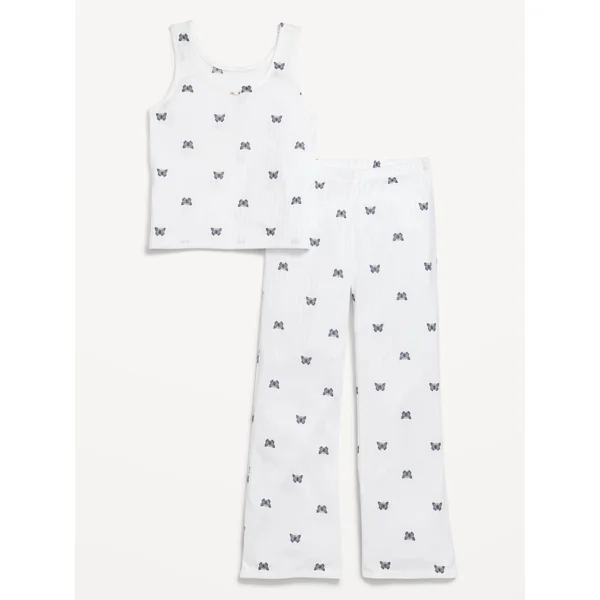 Sleeveless Ribbed Pajama Top and Flare-Leg Pants Set for Girls - Butterflies