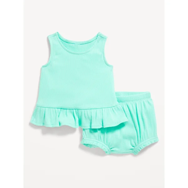 Sleeveless Ribbed Ruffle-Trim Top and Shorts Set for Baby - Aquaverde
