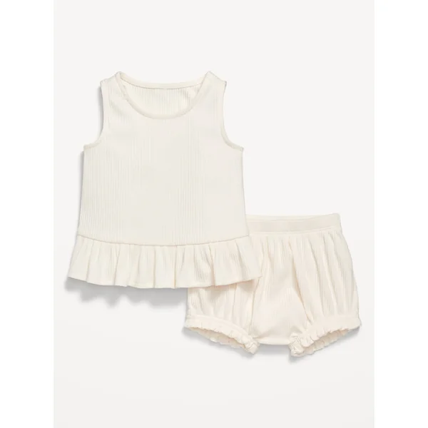Sleeveless Ribbed Ruffle-Trim Top and Shorts Set for Baby - Creme De La Creme