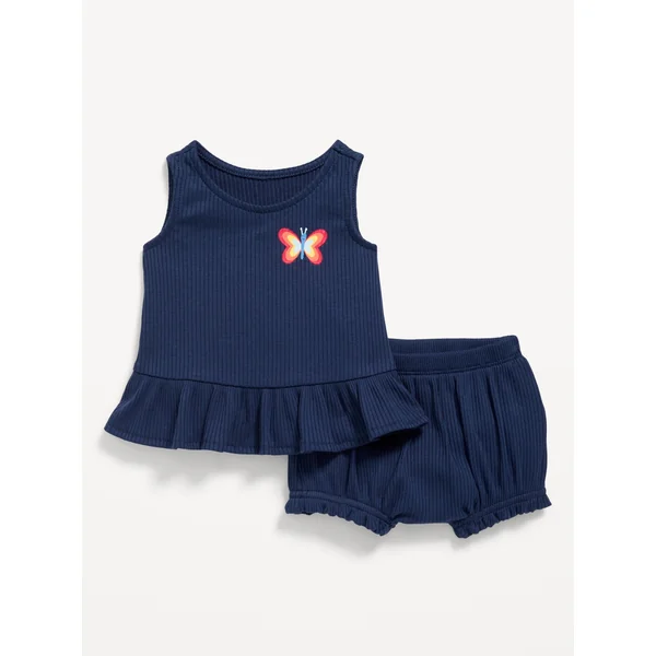 Sleeveless Ribbed Ruffle-Trim Top and Shorts Set for Baby - OBSCURE NIGHT
