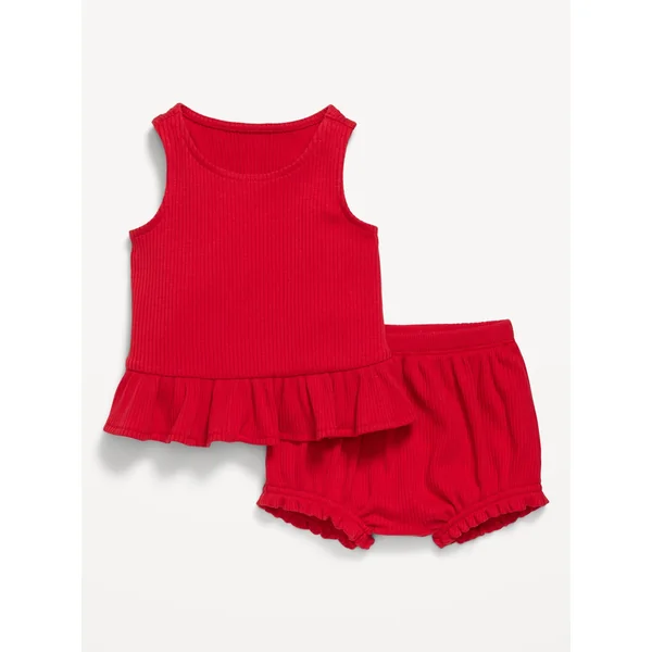 Sleeveless Ribbed Ruffle-Trim Top and Shorts Set for Baby - Robbie Red