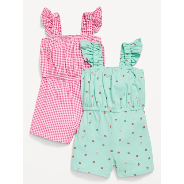 Sleeveless Ruffle-Trim One-Piece Romper 2-Pack for Toddler Girls - SL VALUE ROMPE:STRWBERR