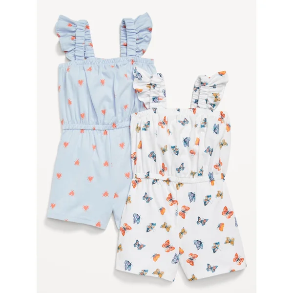 Sleeveless Ruffle-Trim One-Piece Romper 2-Pack for Toddler Girls - White Butterfly