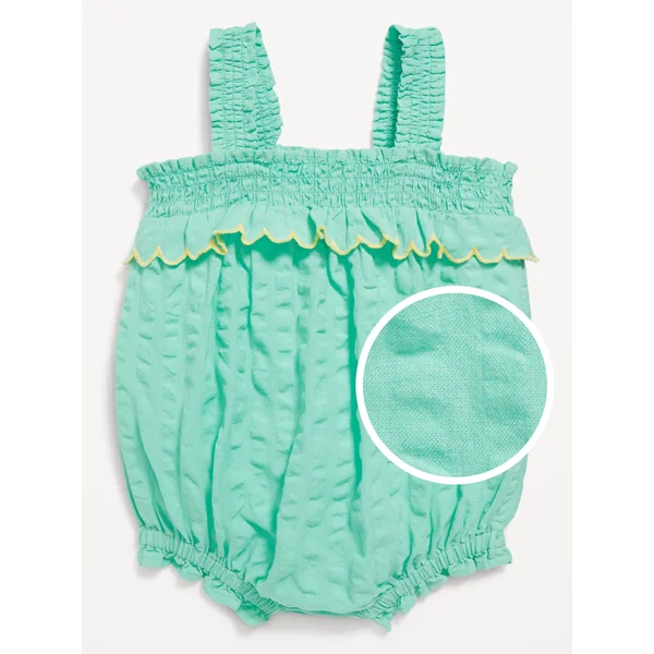 Sleeveless Ruffle-Trim Smocked One-Piece Romper for Baby - Aquaverde
