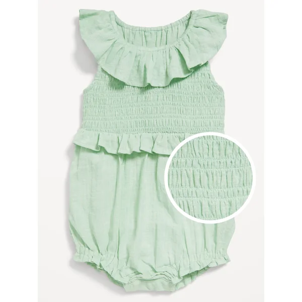 Sleeveless Ruffle-Trim Smocked One-Piece Romper for Baby - Mint Mist
