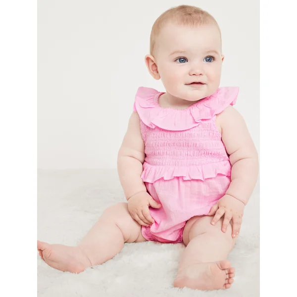 Sleeveless Ruffle-Trim Smocked One-Piece Romper for Baby - Oleander
