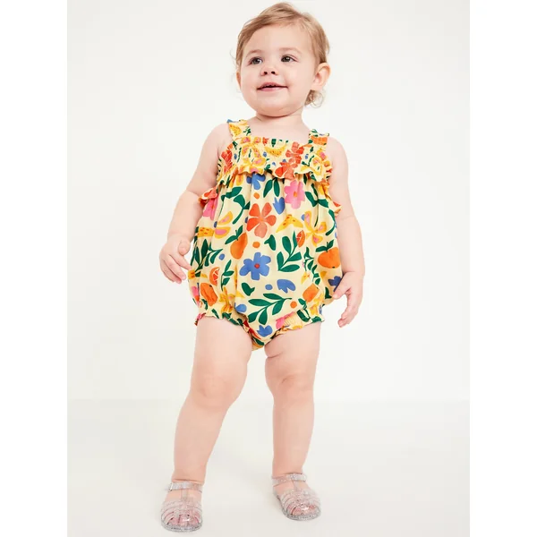 Sleeveless Ruffle-Trim Smocked One-Piece Romper for Baby - Pink/Orange Floral