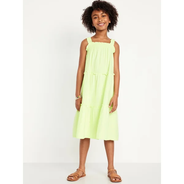Sleeveless Ruffle-Trim Tiered Midi Dress for Girls - Pale Citron