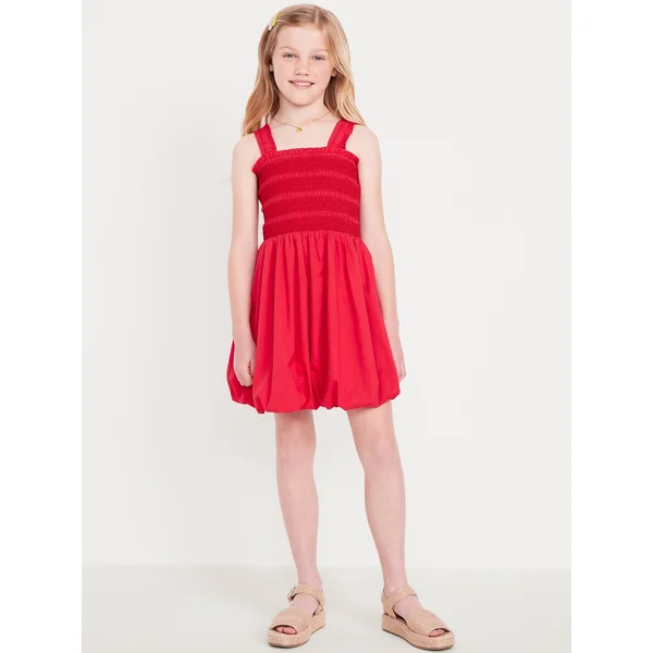 Sleeveless Smocked Bubble Dress for Girls - Bright Red