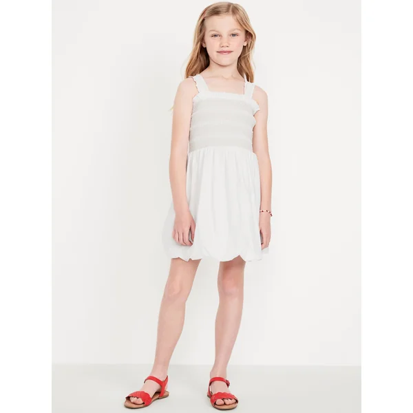 Sleeveless Smocked Bubble Dress for Girls - Calla Lily White