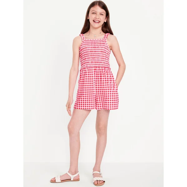 Sleeveless Smocked Romper for Girls - Red Gingham