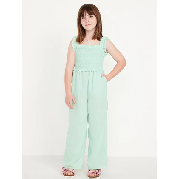 Sleeveless Smocked Ruffle-Trim Jumpsuit for Girls - Mint Green