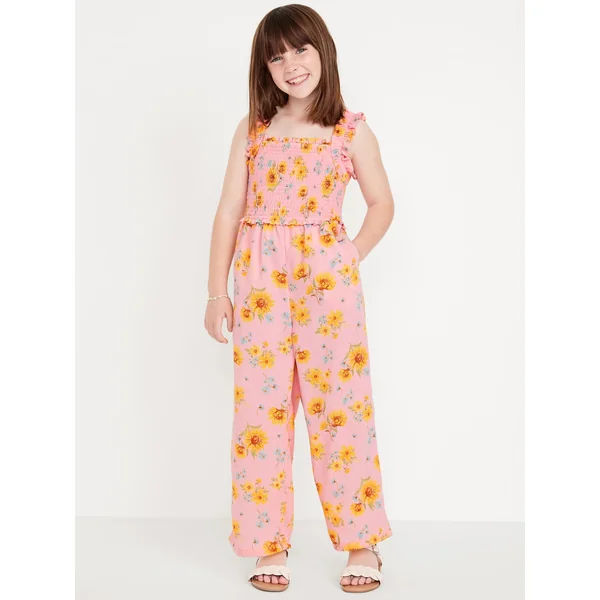 Sleeveless Smocked Ruffle-Trim Jumpsuit for Girls - Pink Floral