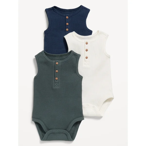Sleeveless Waffle-Knit Henley Bodysuit for Baby - Terrestrial Green