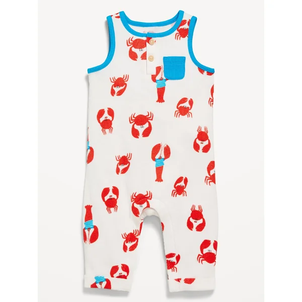 Sleeveless Waffle-Knit Henley One-Piece for Baby - Lobster