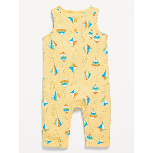 Sleeveless Waffle-Knit Henley One-Piece for Baby - Yellow Kites