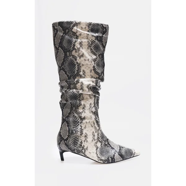 Snake Print PU Wide Fit Gathered Low Heel Knee High Boots