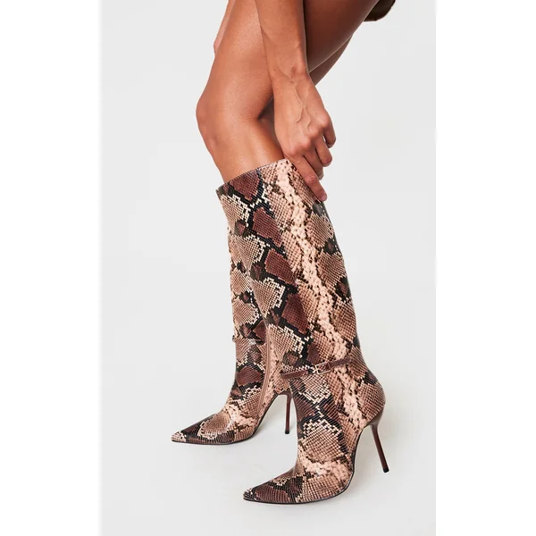 Snake PU Point Toe Knee High Stiletto Heeled Boots
