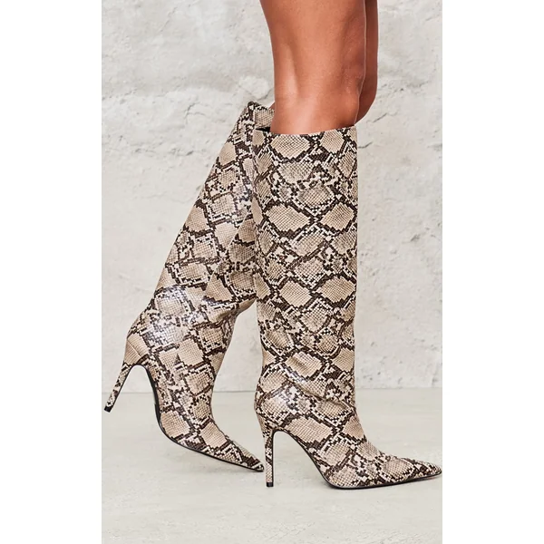 Snake PU Point Toe Stiletto Knee High Heeled Boots