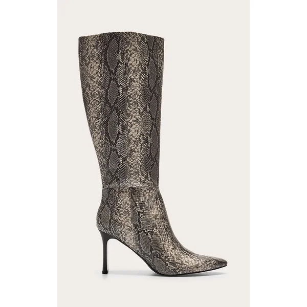 Snake Pu Point Toe Thin Block High Heel Knee High Boots