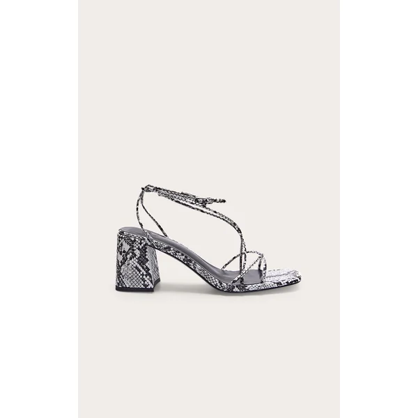 Snake PU Round Toe Strappy Mid Block Heeled Sandals
