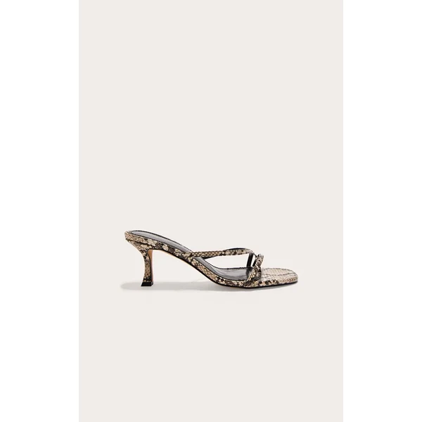 Snake PU Square Toe Strappy Toe Thong Mid Stiletto Heeled Mules