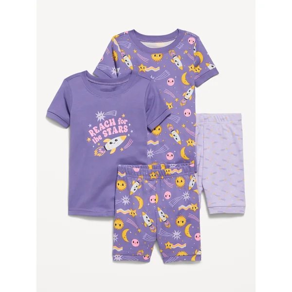 Snug-Fit Graphic Pajama 4-Piece Set for Toddler & Baby - Purple Stars