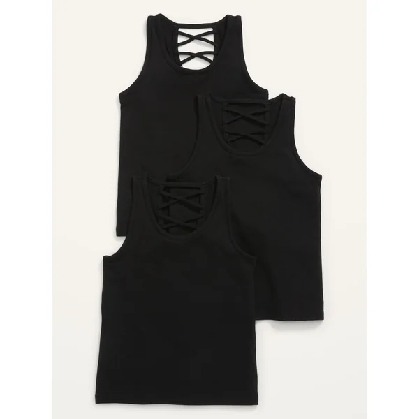 Solid Lattice-Back Tank Top 3-Pack for Girls - BlackJack