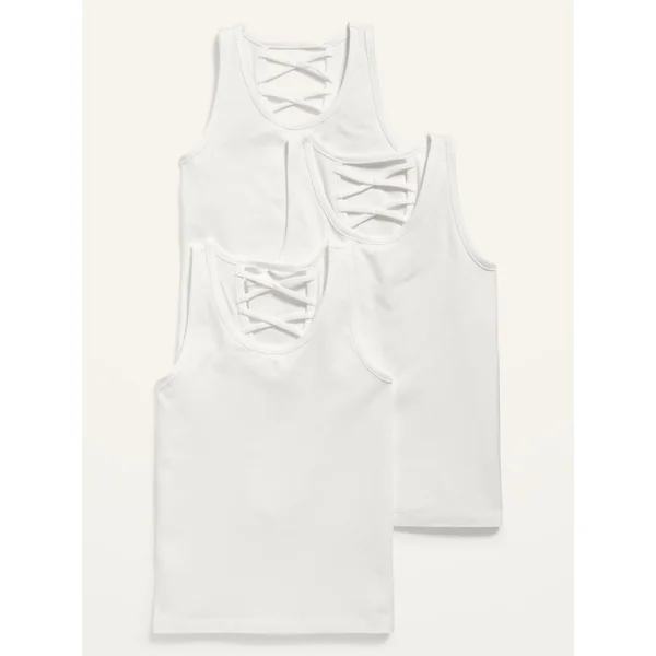 Solid Lattice-Back Tank Top 3-Pack for Girls - White Lilies