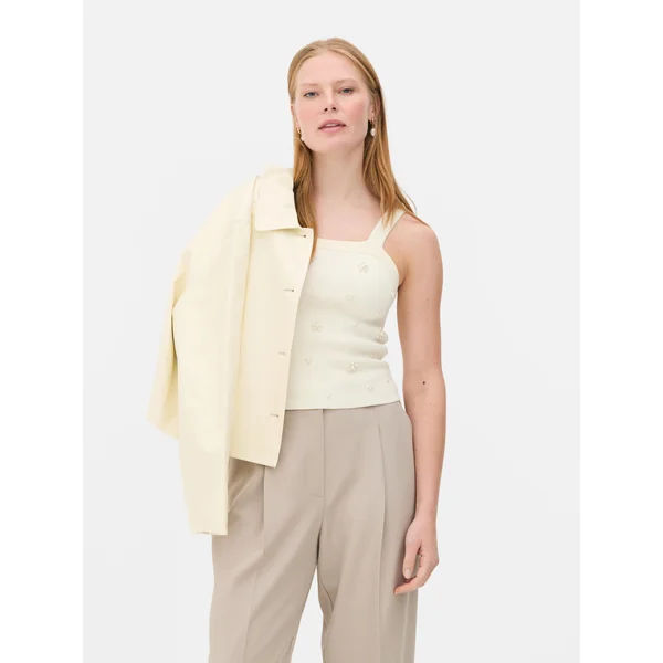 Square Neck Pearl Detail Knit Tank - White