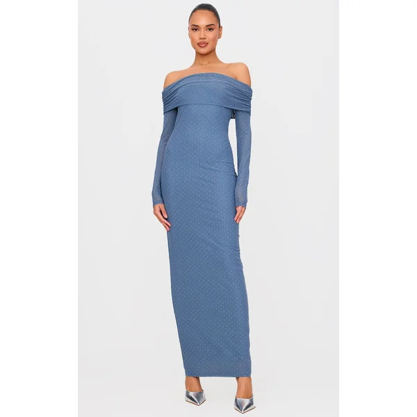 Steel Blue Diamante Bardot Long Sleeve Flare Sleeve Maxi Dress