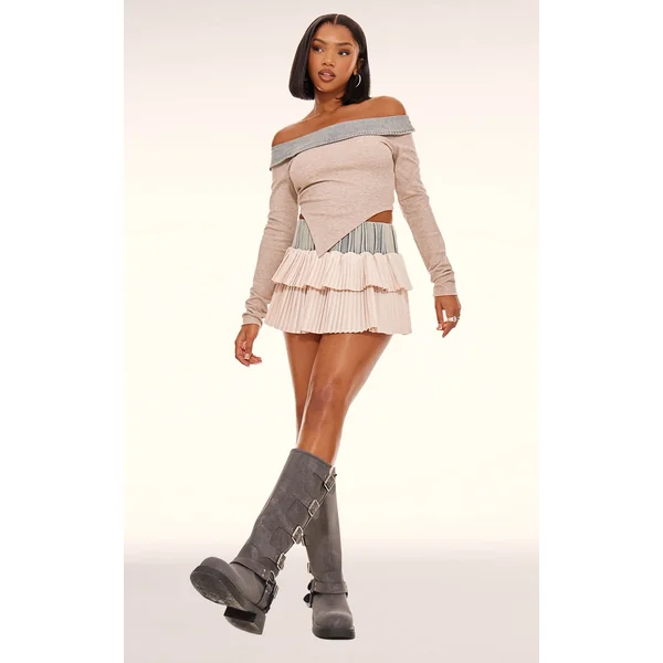 Stone Acid Wash Denim Pleated Mini Skirt
