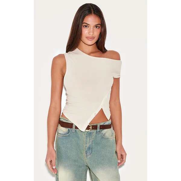 Stone Asymmetric Soft Touch Button Detail Long Top